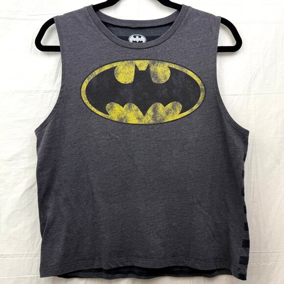 Batman Yellow Black Logo Striped Back Sleeveless Tee Women M Gray Black - Picture 1 of 5